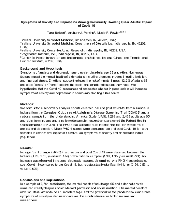 (PDF) Symptoms of Anxiety and Depression Among Community Dwelling Older ...