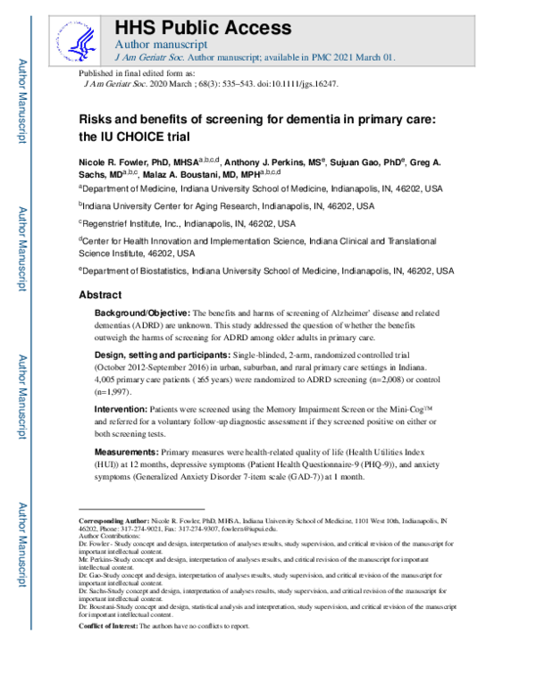 (PDF) Risks and Benefits of Screening for Dementia in Primary Care: The ...