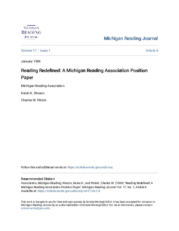 (PDF) Reading Redefined: A Michigan Reading Association Position Paper