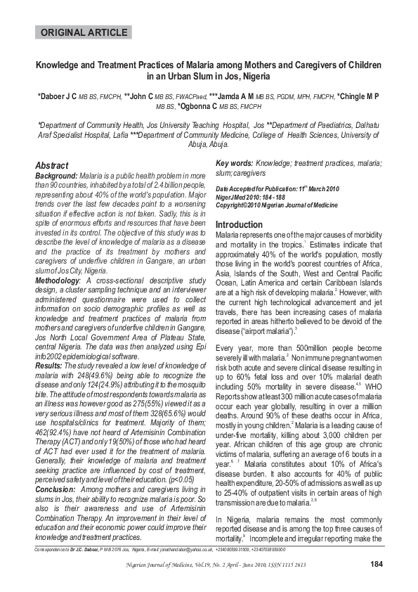 (PDF) Knowledge and Treatment Practices of Malaria among Mothers and ...