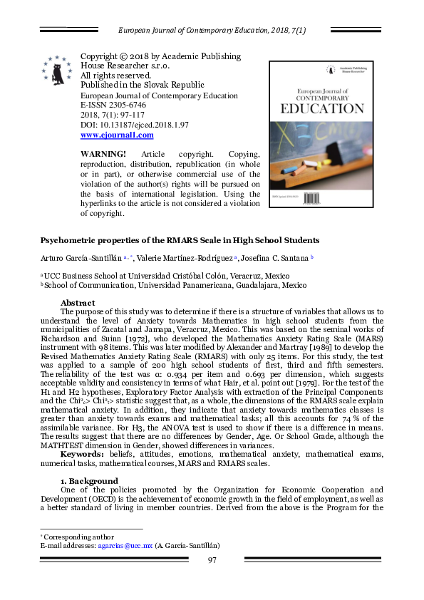 (PDF) Psychometric properties of the RMARS Scale in High School Students
