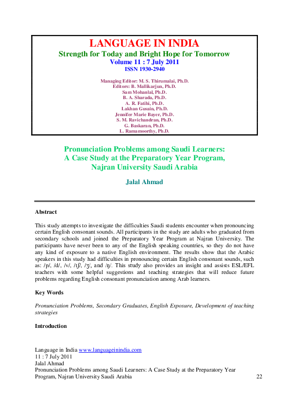 (PDF) Pronunciation Problems among Saudi Learners: A Case Study at the ...