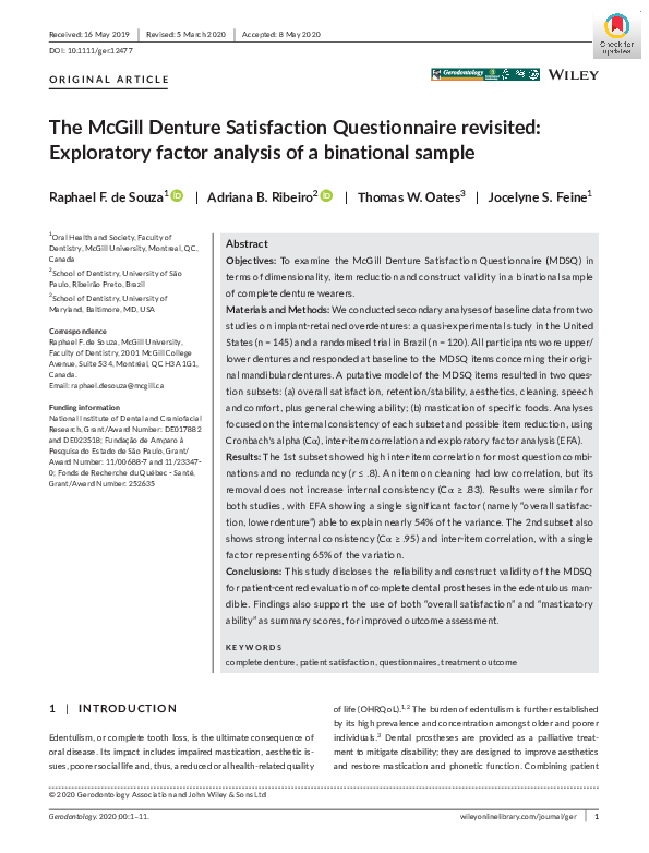 (PDF) The McGill Denture Satisfaction Questionnaire revisited ...