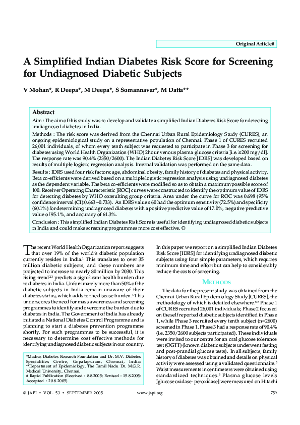 (PDF) A simplified Indian Diabetes Risk Score for screening for ...