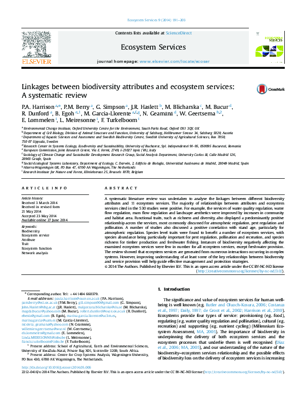 (PDF) Linkages between biodiversity attributes and ecosystem services ...