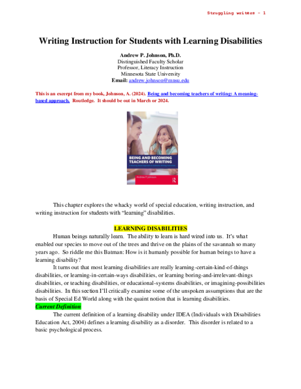 (PDF) Writing Instruction for Students with Learning Disabilities