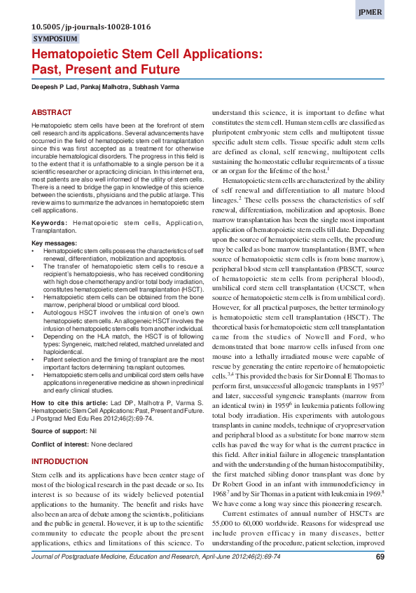 (PDF) Hematopoietic Stem Cell Applications: Past, Present and Future
