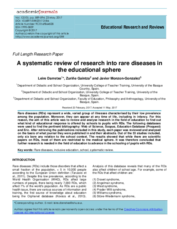 (PDF) A systematic review of research into rare diseases in the ...