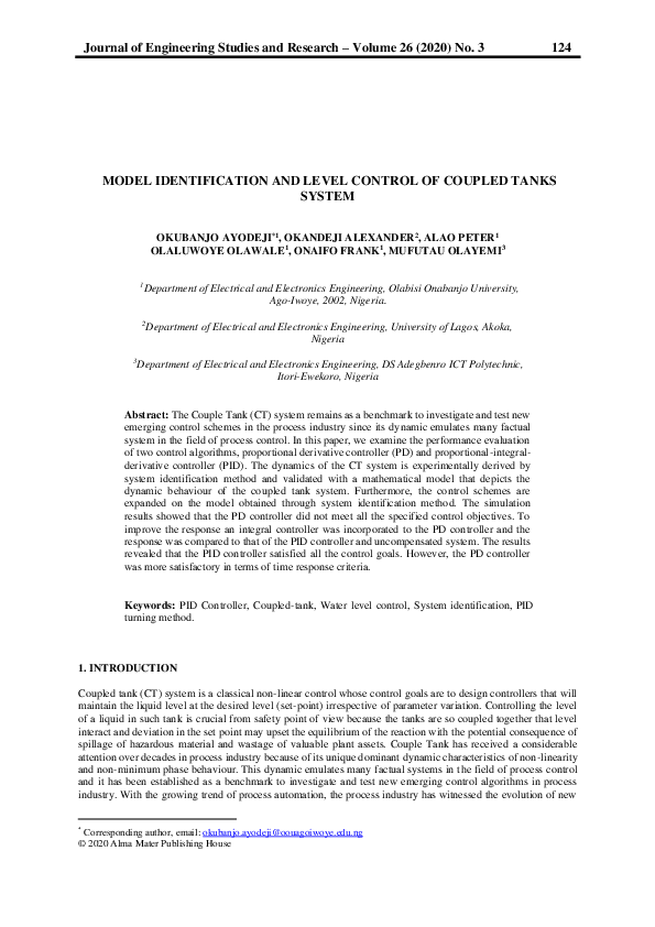 (PDF) Model Identification and Level Control of Coupled Tanks System