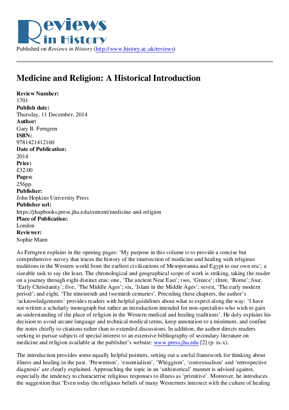 (PDF) Review of 'Medicine and Religion: A Historical Introduction
