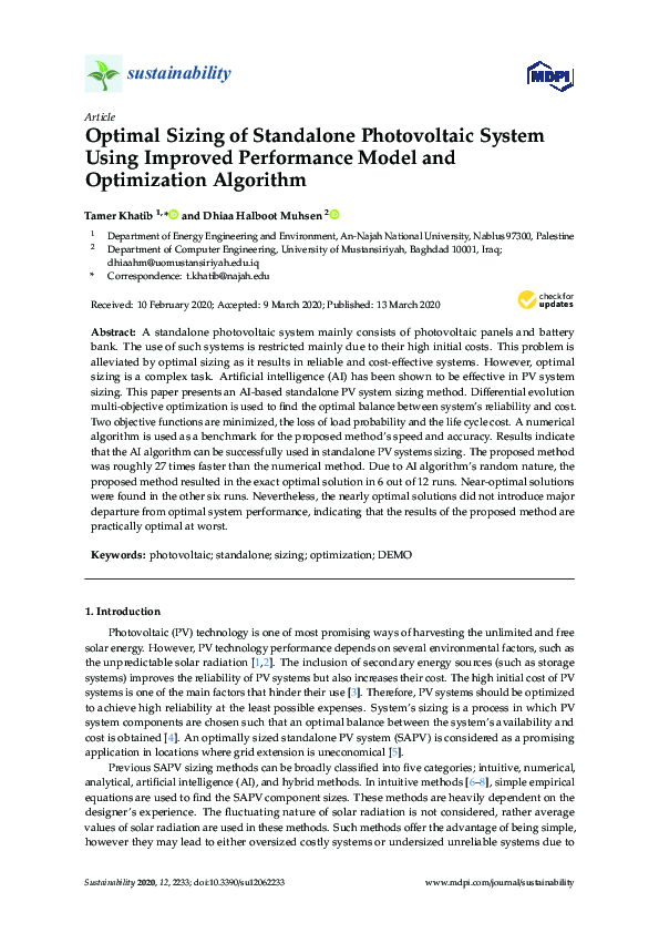 (PDF) Optimal Sizing of Standalone Photovoltaic System Using Improved ...