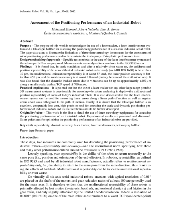 (PDF) Assessment of the positioning performance of an industrial robot