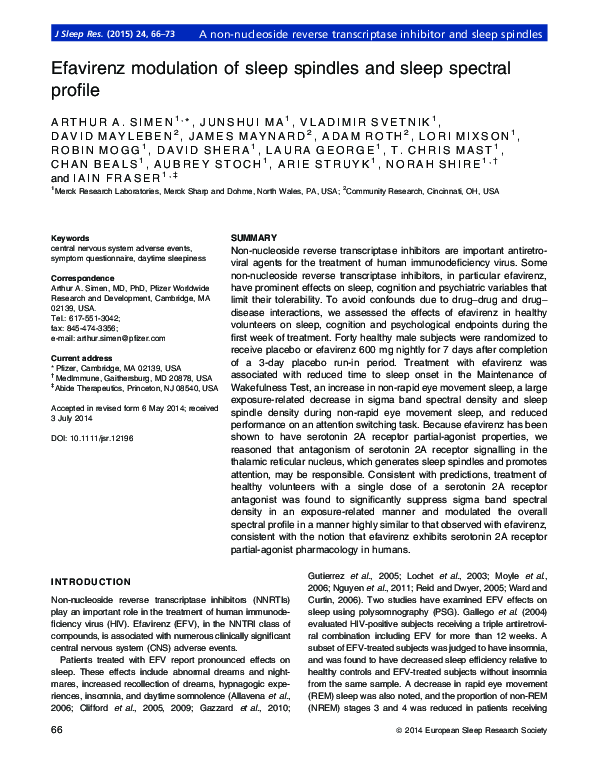 Efavirenz modulation of sleep spindles and sleep spectral profile