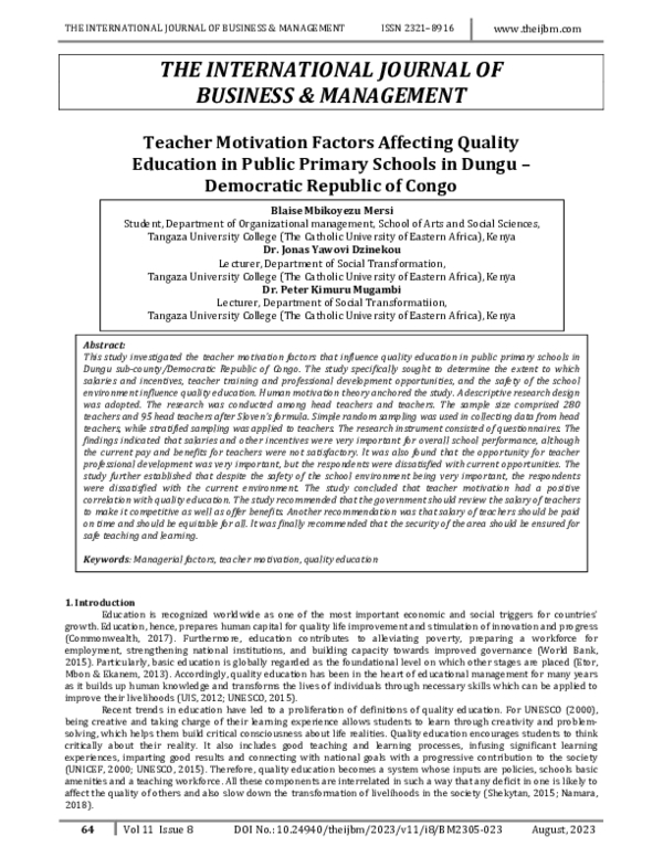 (PDF) Teacher Motivation Factors Affecting Quality Education in Public ...
