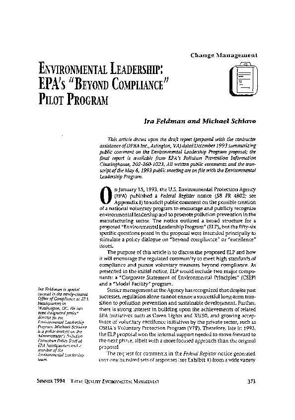 (PDF) Environmental leadership: EPA's “Beyond compliance” pilot program