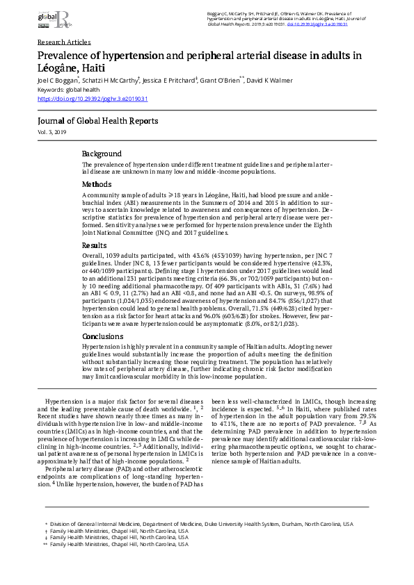 Prevalence of hypertension and peripheral arterial disease in adults in ...