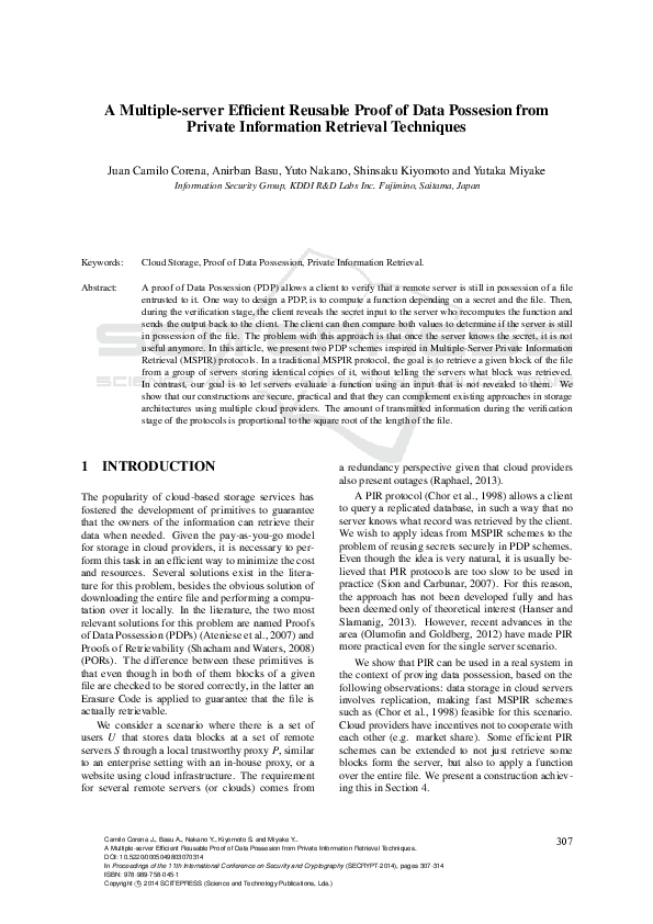 (PDF) A Multiple-server Efficient Reusable Proof of Data Possesion from ...