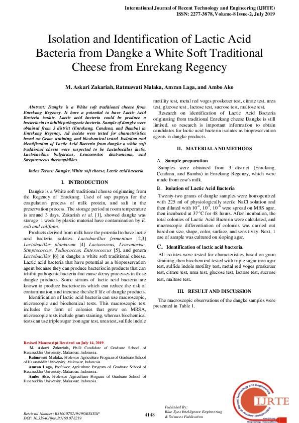 (PDF) Isolation and Identification of Lactic Acid Bacteria from Dangke ...