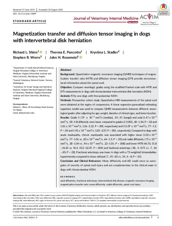 (PDF) Magnetization transfer and diffusion tensor imaging in dogs with ...