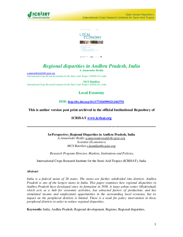 (PDF) Regional disparities in Andhra Pradesh, India