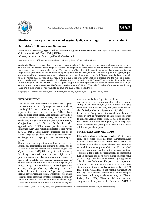 (PDF) Studies on pyrolytic conversion of waste plastic carry bags into ...