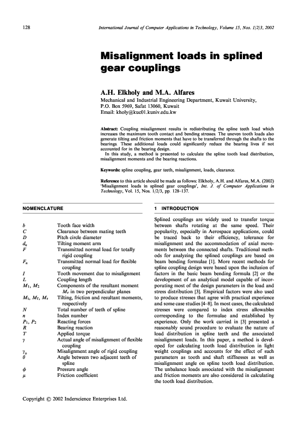 (PDF) Misalignment loads in splined gear couplings Mohammad Alfares Academia.edu
