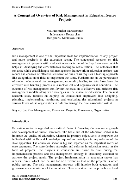 (PDF) A Conceptual Overview of Risk Management in Education Sector Projects