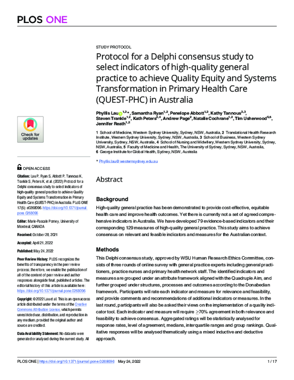 (PDF) Protocol for a Delphi consensus study to select indicators of ...