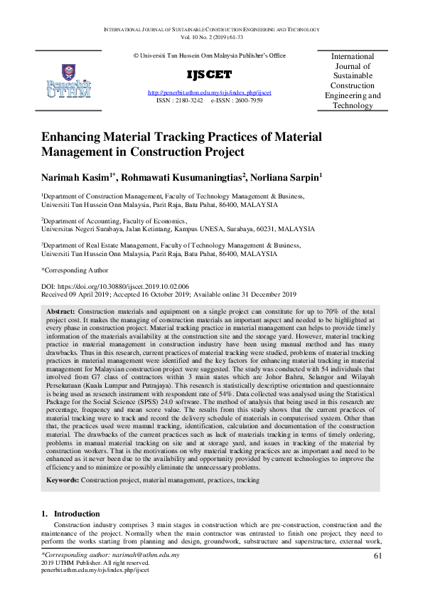 (PDF) Enhancing Material Tracking Practices of Material Management ...