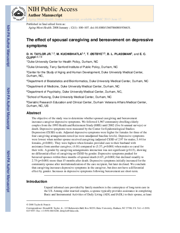 (PDF) The effect of spousal caregiving and bereavement on depressive ...