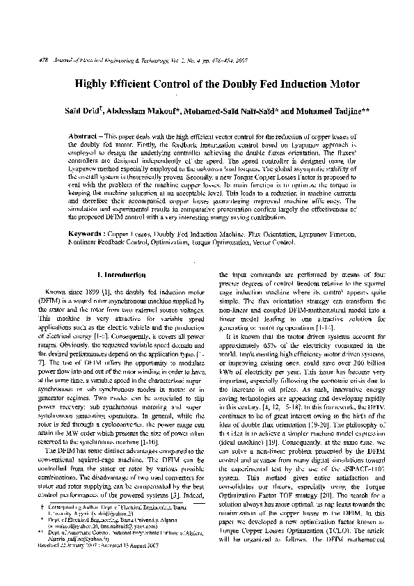 (PDF) Highly Efficient Control of the Doubly Fed Induction Motor