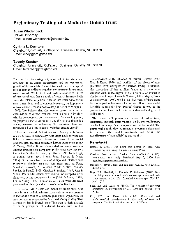 (PDF) Preliminary testing of a model for online trust