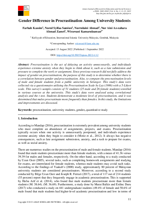 (PDF) Gender Difference in Procrastination Among University Students