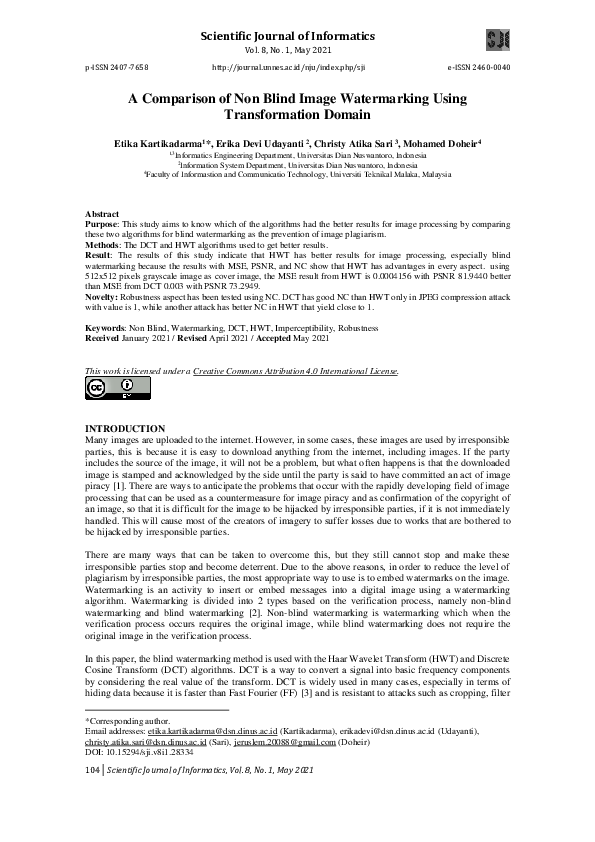 (PDF) A Comparison of Non Blind Image Watermarking Using Transformation ...