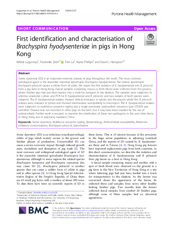 First identification and characterisation of Brachyspira hyodysenteriae in pigs in Hong Kong
