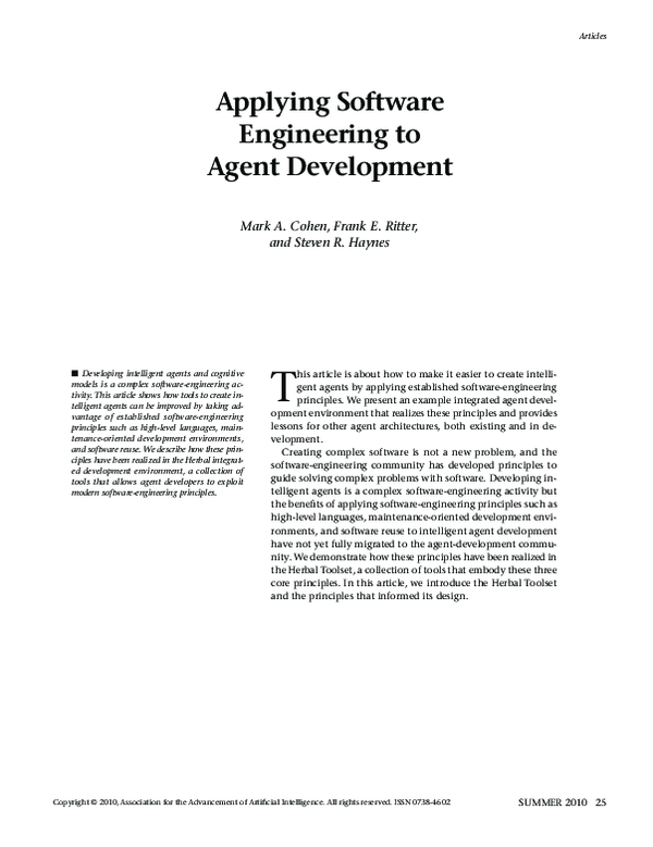(PDF) Applying Software Engineering to Agent Development