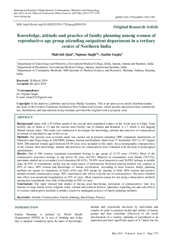 (PDF) Knowledge, attitude and practice of family planning among women ...