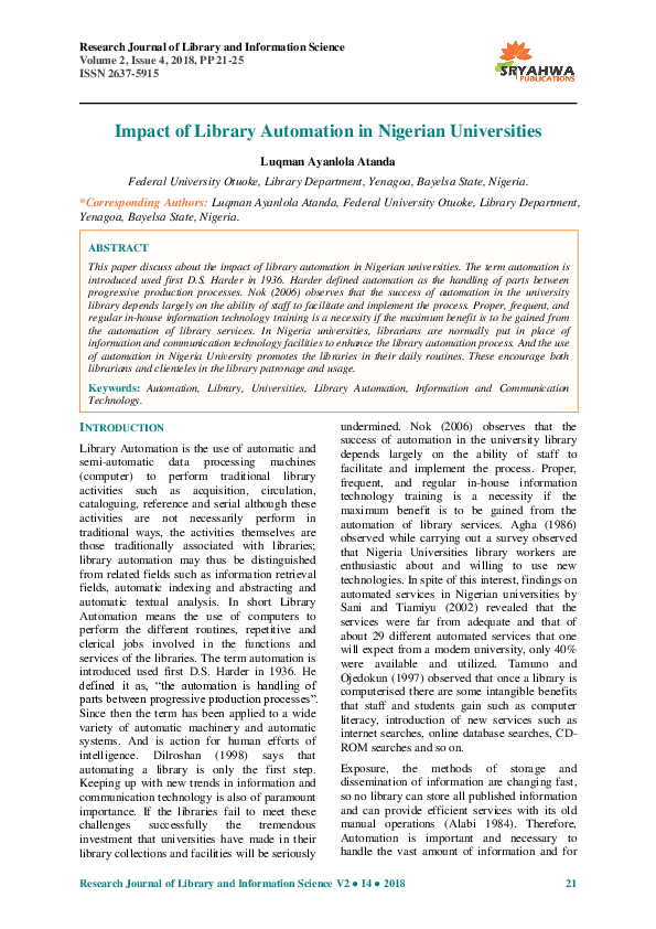 (PDF) Impact of Library Automation in Nigerian Universities