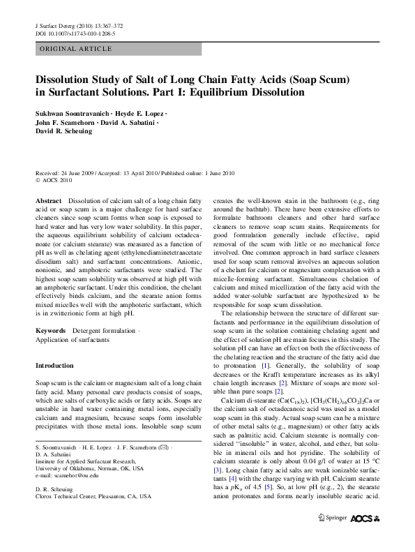 (PDF) Dissolution Study of Salt of Long Chain Fatty Acids (Soap Scum