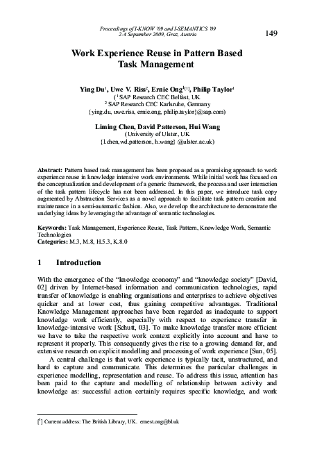 (PDF) Work experience reuse in pattern based task management | Uwe Riss ...