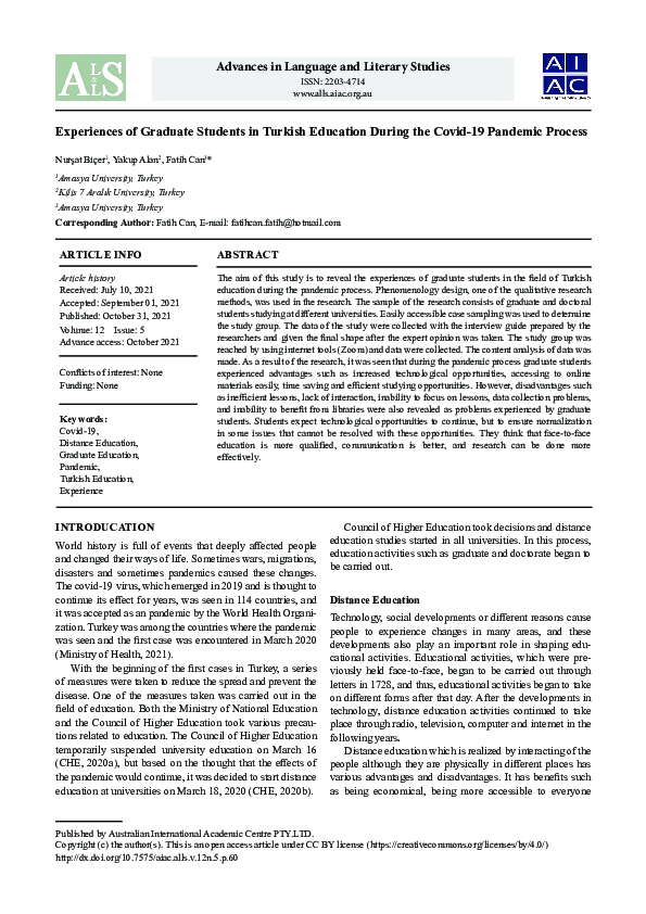 (PDF) Experiences of Graduate Students in Turkish Education During the ...