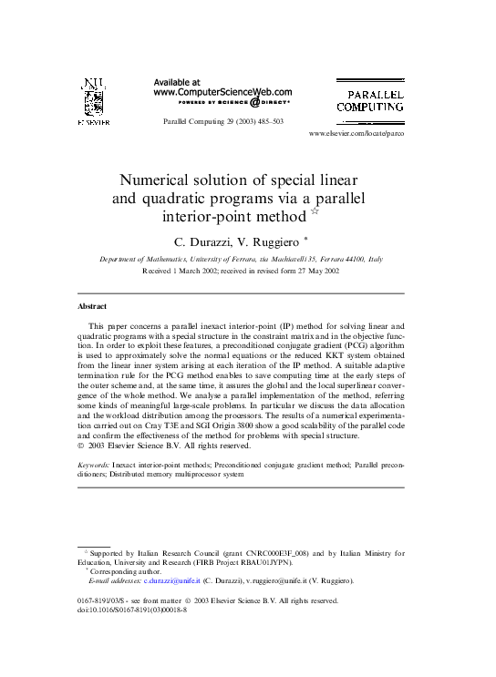 (PDF) Numerical solution of special linear and quadratic programs via a ...