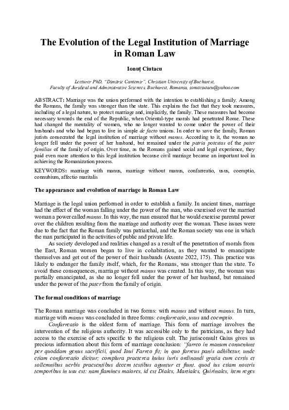 (PDF) The Evolution of the Legal Institution of Marriage in Roman Law