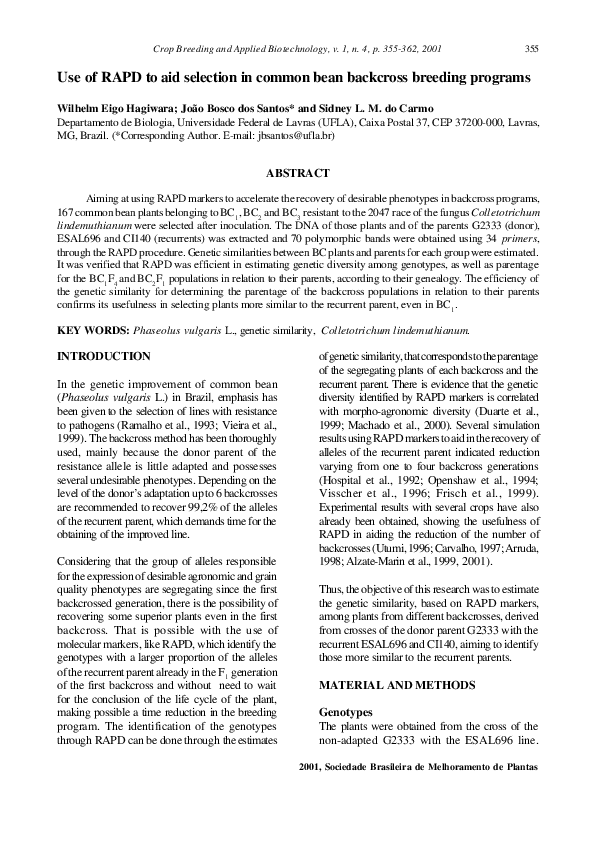 (PDF) Use of RAPD to Aid Selection in Common Bean Backcross Breeding ...