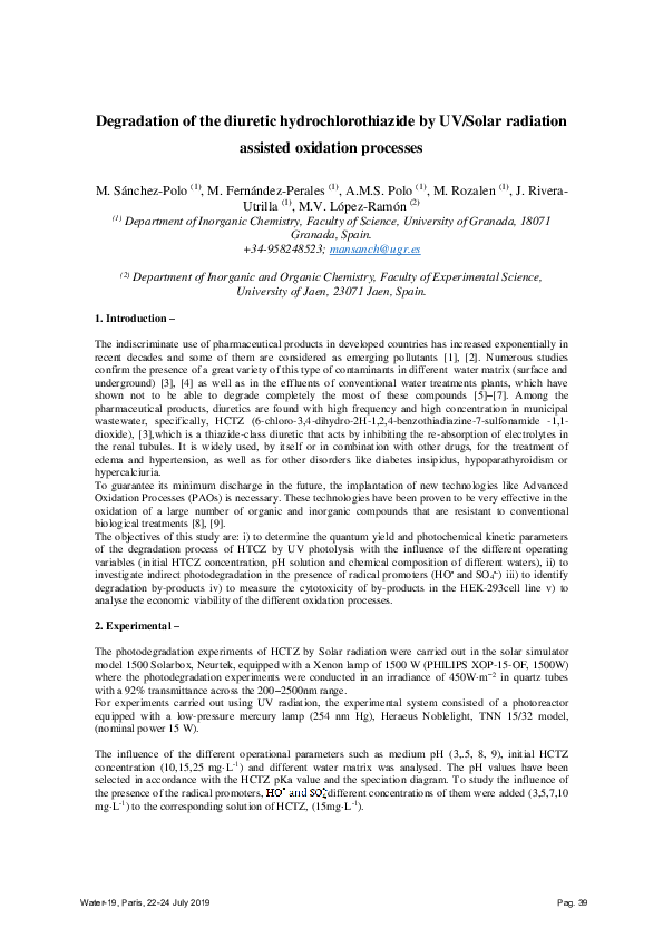 (PDF) Degradation of the diuretic hydrochlorothiazide by UV/Solar ...