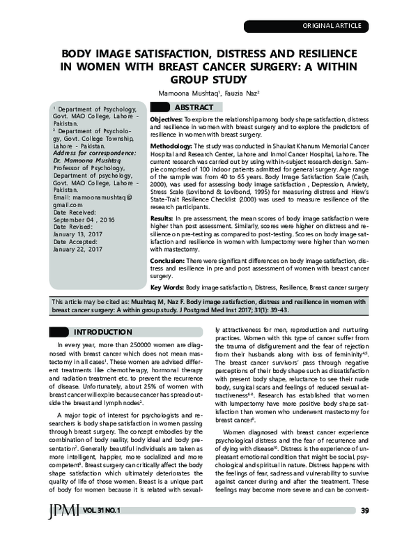 (PDF) Body Image Satisfaction, Distress and Resilience in Women with ...