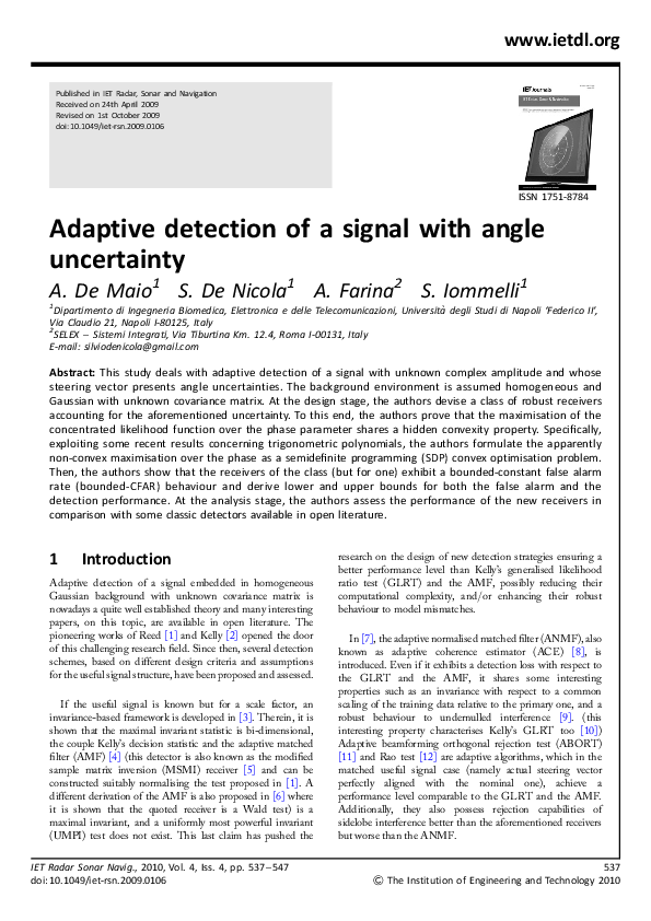 (PDF) Adaptive detection of a signal with angle uncertainty