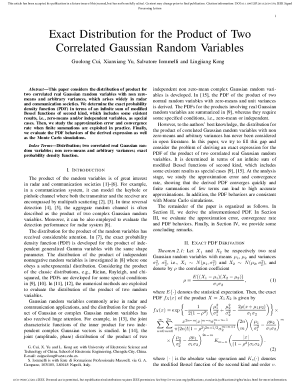 (PDF) Exact Distribution for the Product of Two Correlated Gaussian ...