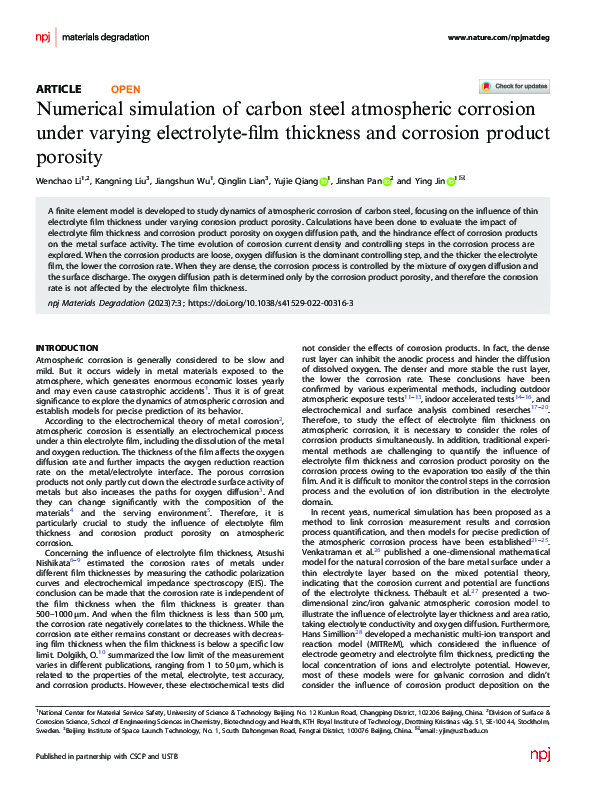 (PDF) Numerical simulation of carbon steel atmospheric corrosion under ...