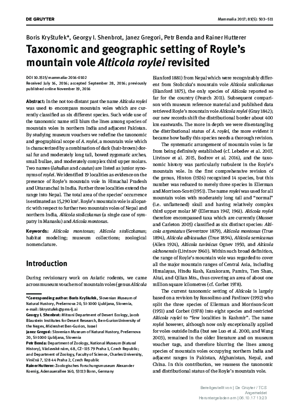 (PDF) Taxonomic and geographic setting of Royle’s mountain vole ...